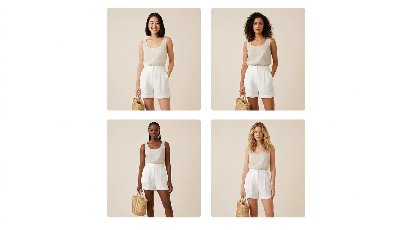 4-thumbnail grid: the same white linen shorts and straw bag shown on four different AI-generated models — Asian, Middle Eastern, African, Western — in a bright neutral studio setting, to demonstrate model diversity from one garment photo.